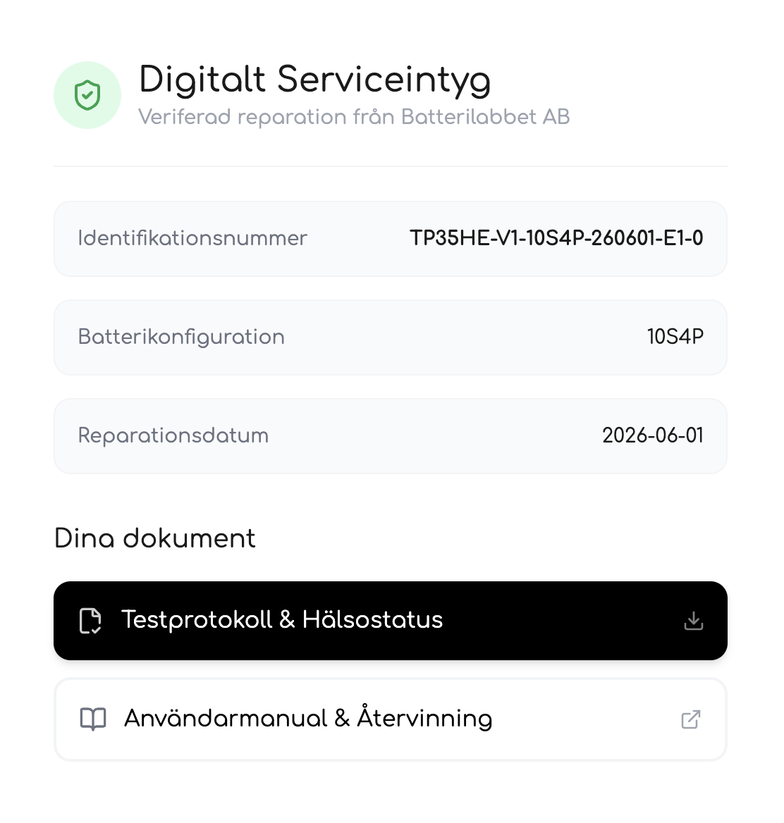 Batterilabbets digitala serviceintyg