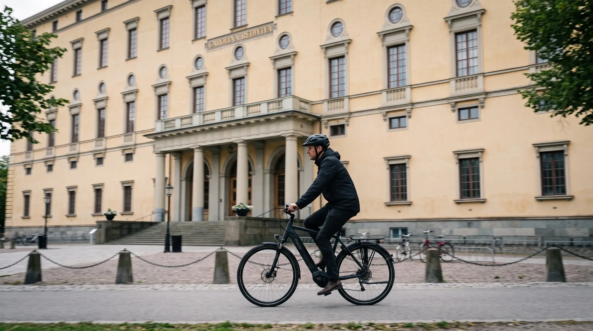 Cyklist på elcykel framför Carolina Rediviva i Uppsala